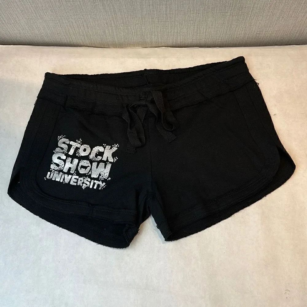 Stock Show University Cheer Shorts Black Silver Bling Girls Sz XS Elastic Tie Wa